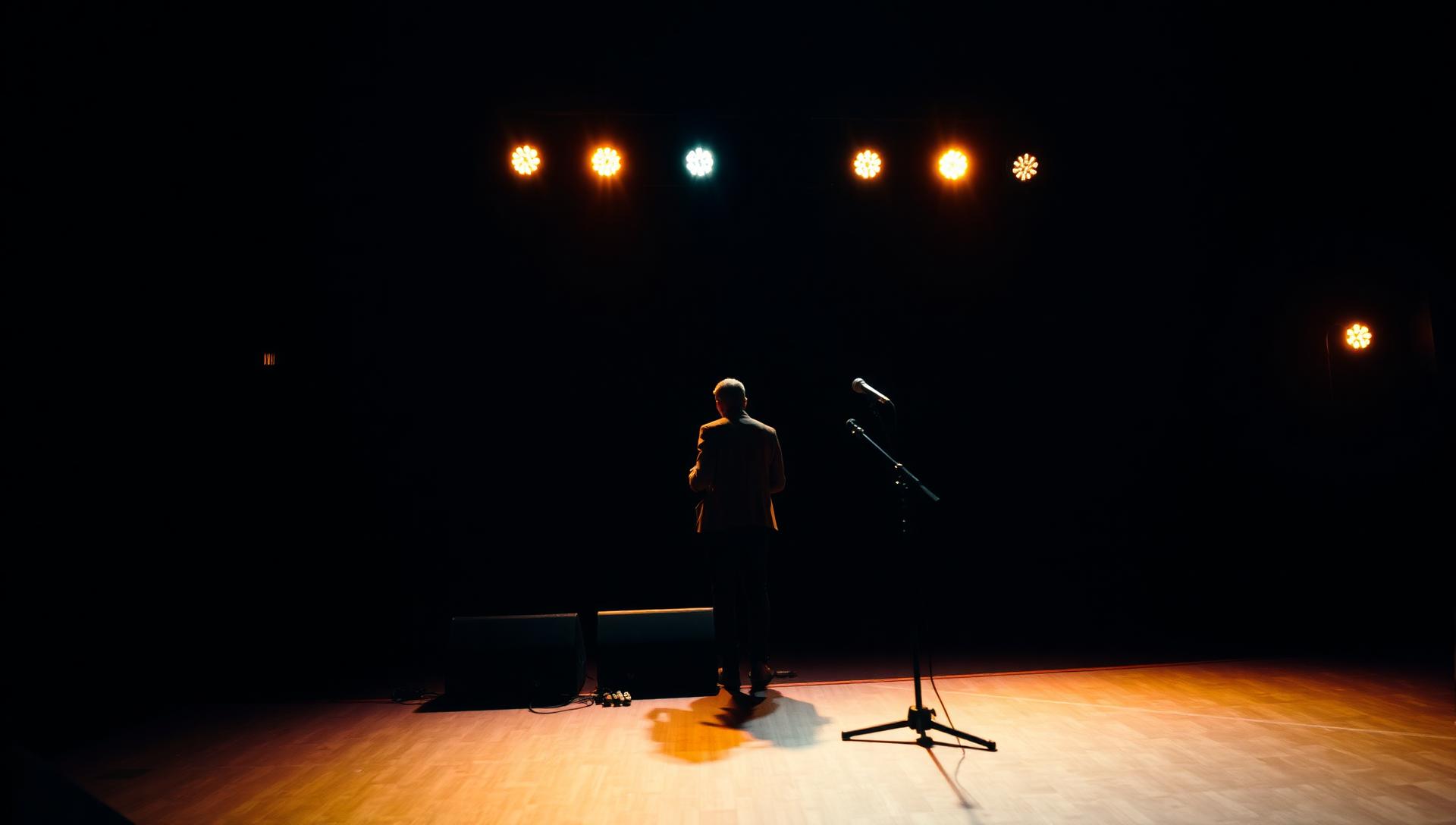 A musician silhouetted on a dark Amsterdam stage — scouting still